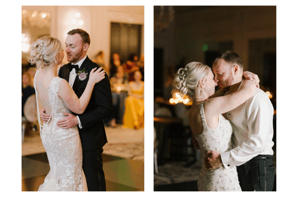 bounce flash example vs off camera flash example of a bride and groom dancing at their reception