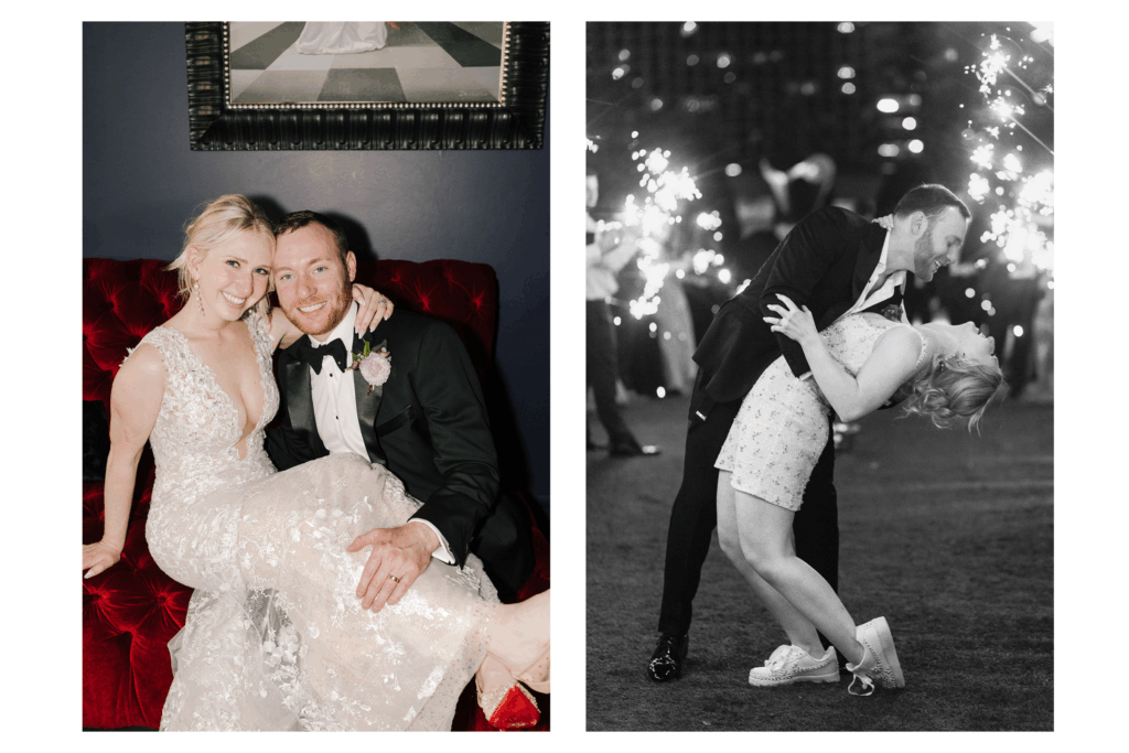 direct flash example vs ambient/available light example of bride and groom hugging and dancing